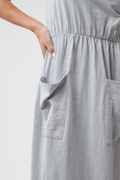 womens gray v neck cuffed sleeve patch pocket modest dress